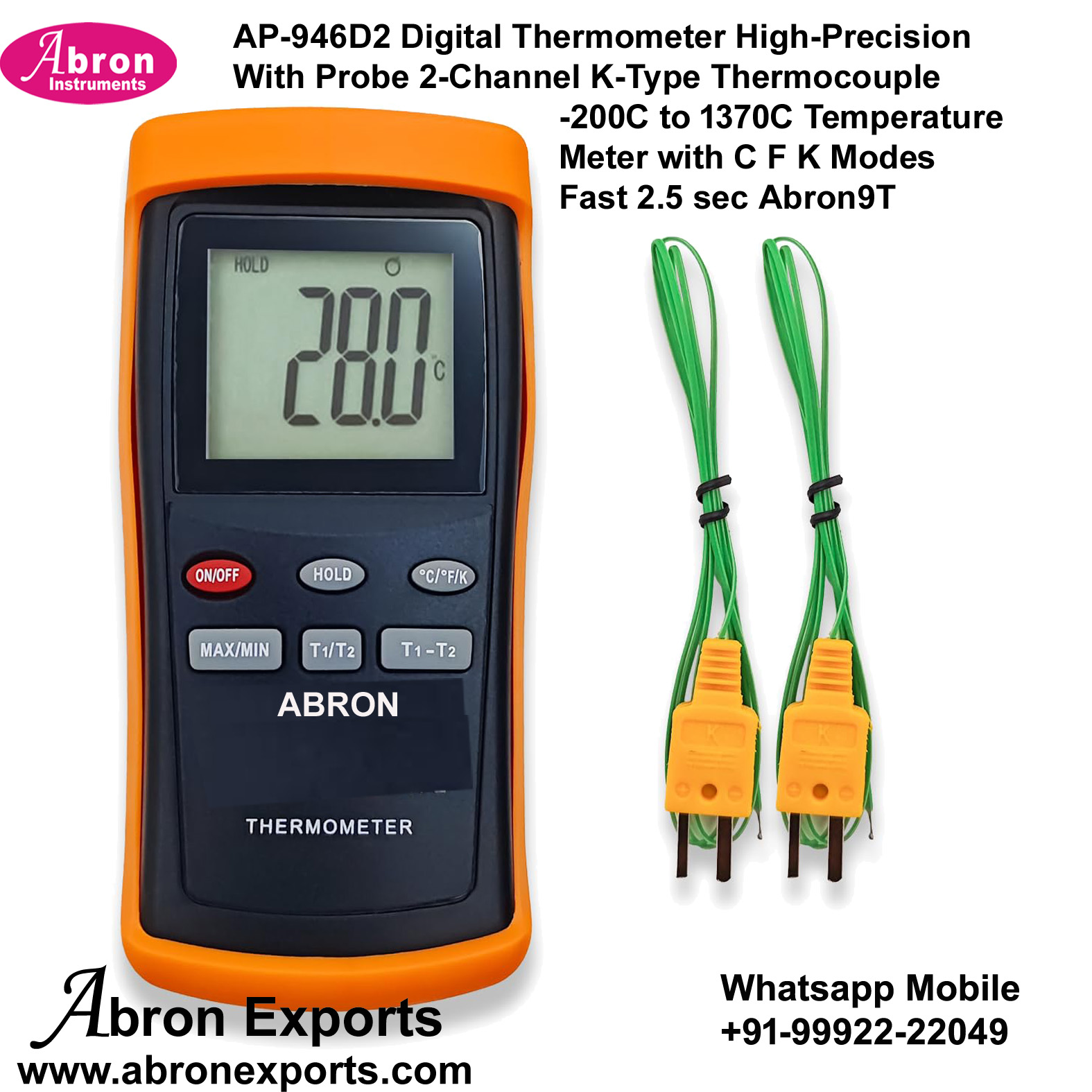 Digital Thermometer High-Precision Probe 2-Channel K-Type Thermocouple -200C to 1370C Temperature Meter with C F K Modes Fast 2.5 sec Abron AP-946D2 